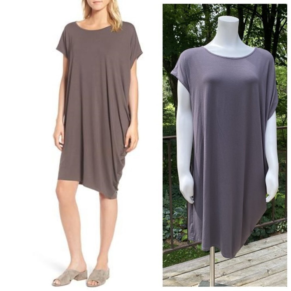 New Eileen Fisher Asymmetric hem Dress Size S Rye Taupe tencel/linen artsy comfy